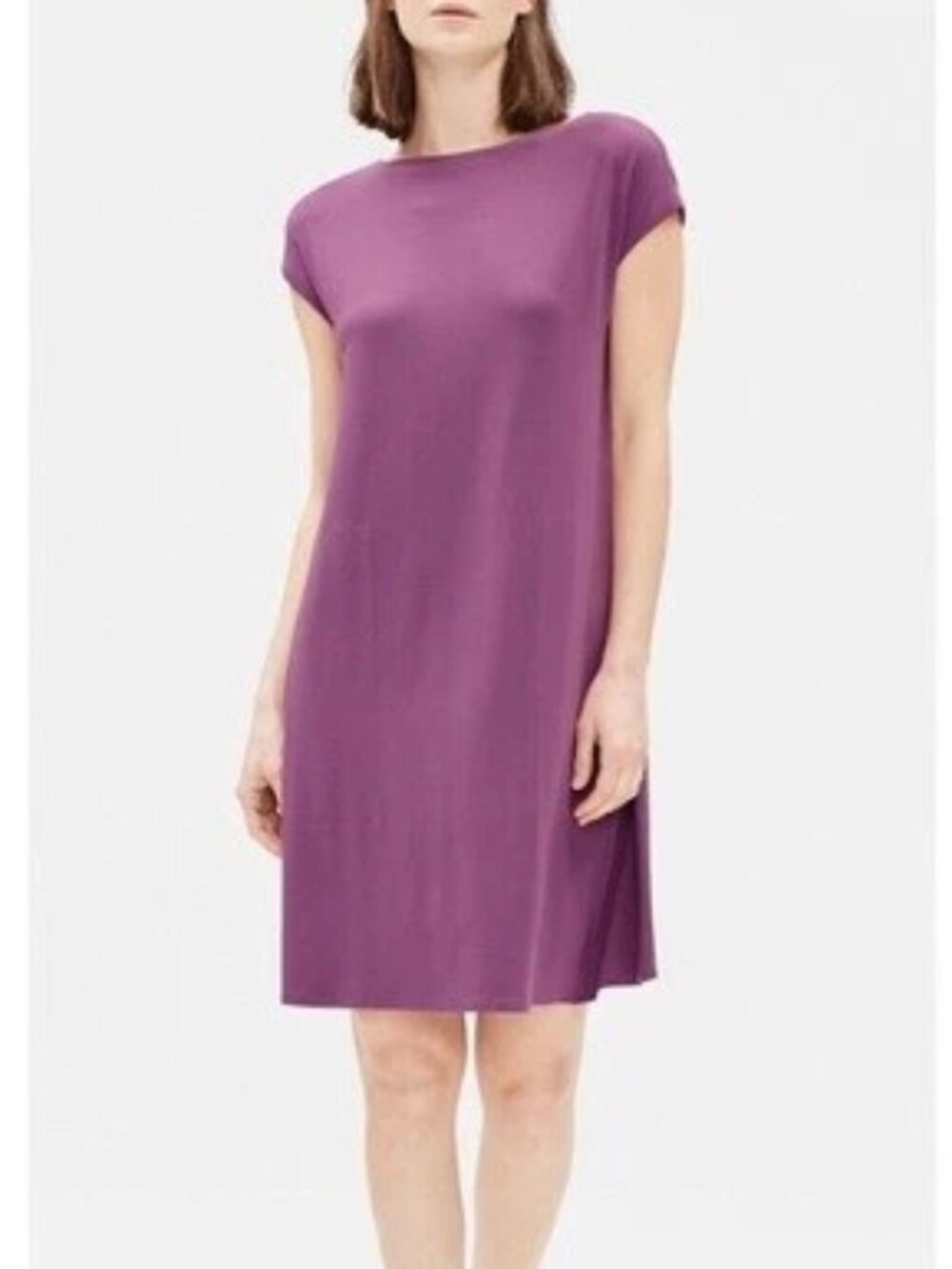 Eileen Fisher Bateau Neck Dress Small Purple Curan Stretch Viscose Jersey NWT